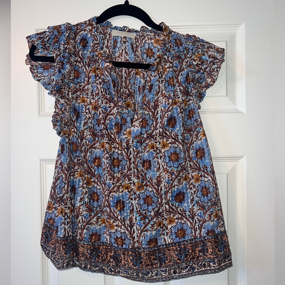 Ulla Johnson blue and orange ruffle sleeve top